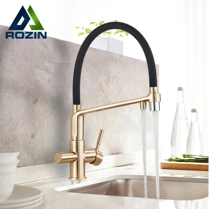 Rozin – Robinet de cuisine à filtre en or brossé pivotant à 360 degrés, mitigeur de purification extractible disponible en noir pour eau pure