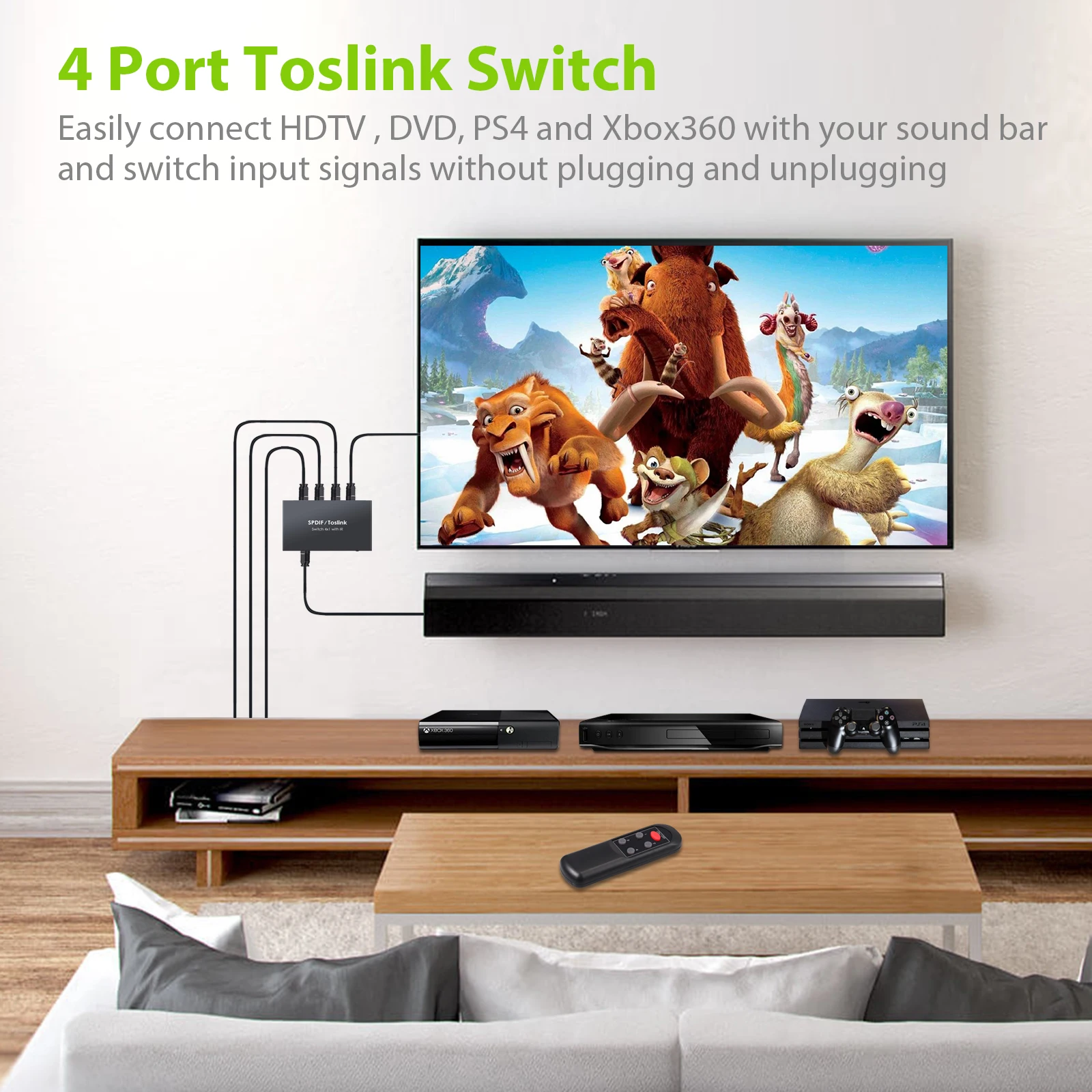 Цифровой оптический аудио коммутатор LiNKFOR 4x1 SPDIF Toslink с оптическим кабелем четыре