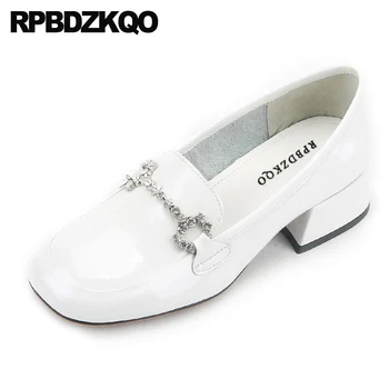 

square toe ladies luxury shoes women designers patent leather pumps fashion rhinestone high heels diamond crystal white thick