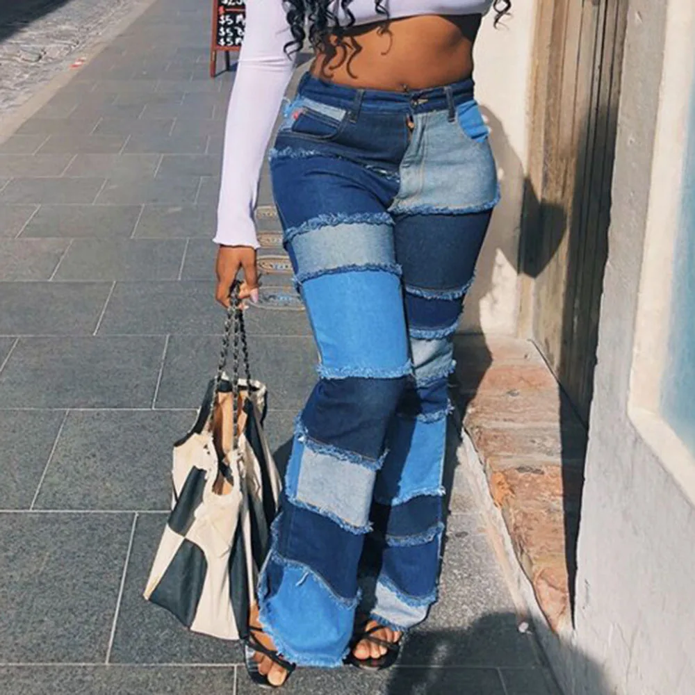 

Blue Women Jeans Patchwork Skinny Bell Bottom High Waist Stretch Chic Color Block Ladies Ripped Flare Jeans Trousers Denim Pants