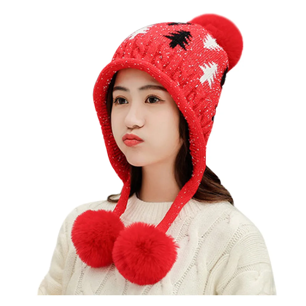Bomber Hats Fashion Women Winter Knit Hat Ball Collar Set Thick Warm