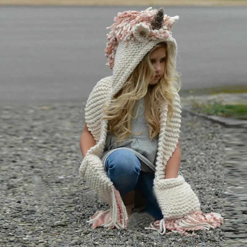 Emmababy, осенне-зимний шарф с капюшоном с единорогом для маленьких девочек, толстовка с капюшоном с изображением лисы и животных, вязаная шапочка, детская шапка с капюшоном