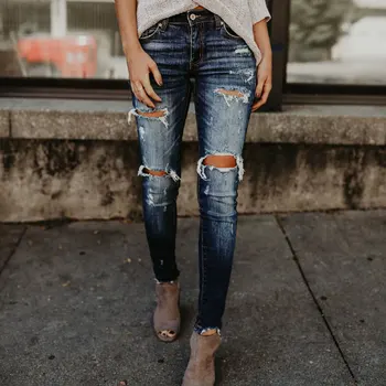

2020 Spring Fashion Bleached Ripped Jeans Women Cotton Denim Slim Elasticity Skinny Pants Effect Vintage Jeans Femme