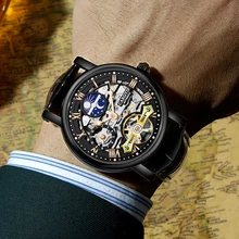 CAROTIF Reloj de pulsera para hombre, cronógrafo con correa de Corium tallada hueca, resistente al agua, automático, mecánico, a la moda, GMT