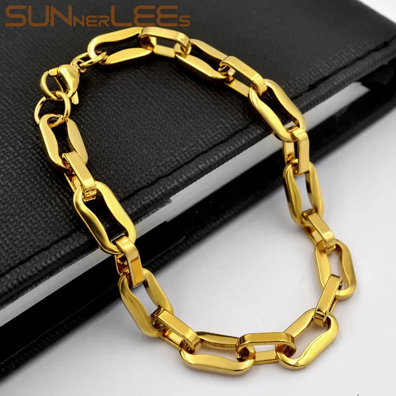 SUNNERLEES 316L Нержавеющая сталь браслет 7,5 мм геометрический звено цепи золотые полированный Для мужчин Для женщин Модные украшения подарок SC175 B