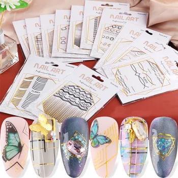 

Gold White Black Bronzing Nail Sticker Hollow Geometric Stripes Curve Decal 3D Self-Adhesive Foil Tape Decoration SAFL5001-5012