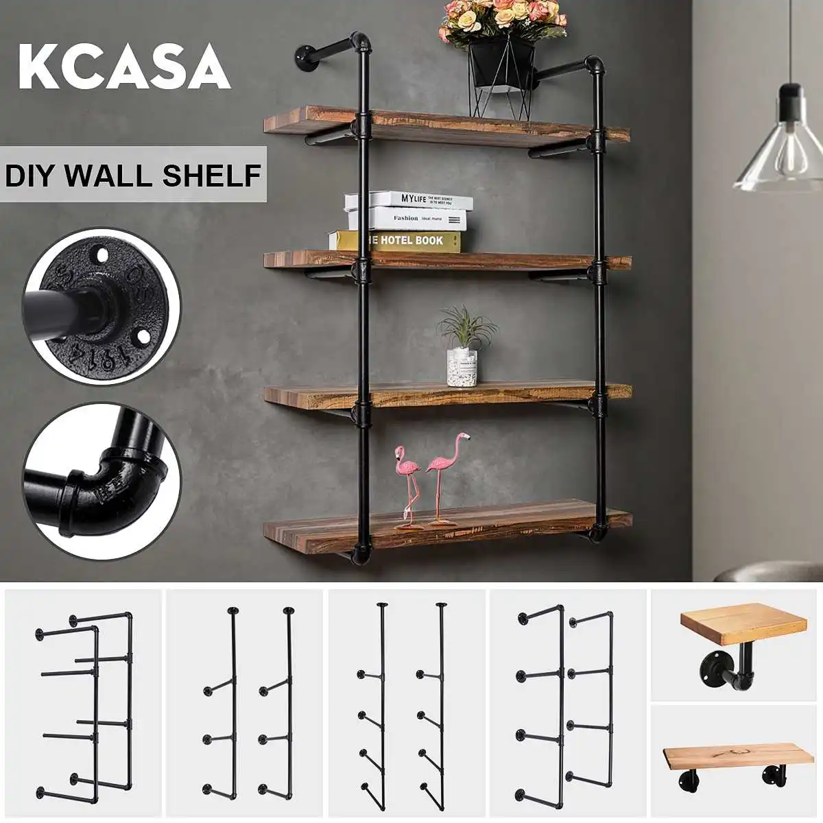 

2 PCS 5 Tier Shelf DIY Industrial Furniture Wall Shelf Bracket Home Decor Hanging Storage Shelves Black Iron Pipe Pipe Shelves