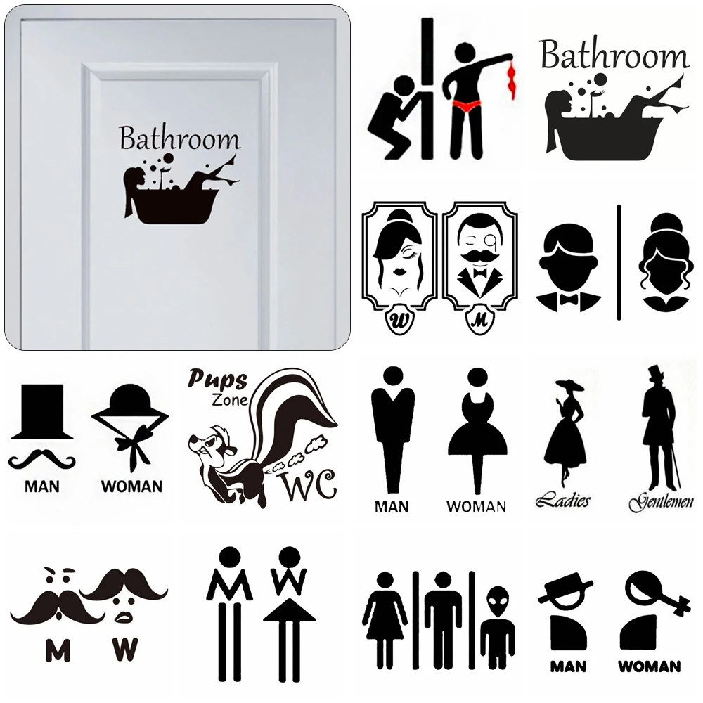 

1PC Waterproof Removable Poster Funny Pattern Bathroom Door Ornament Wall Art Mr. & Mrs. Decals Public WC Sign Toilet Stickers
