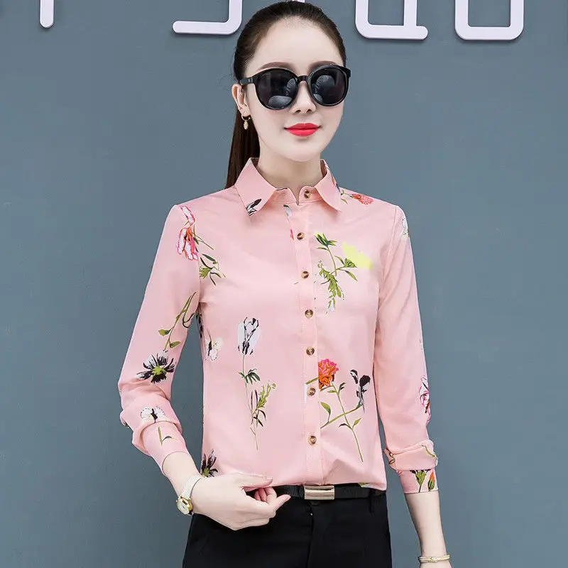 Women's Printed Long Sleeve Shirt, Korean Version, Slim and Versatile Top, Chiffon Bottom, Autumn, New, 2023