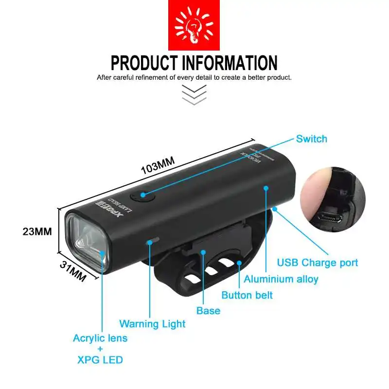 Outdoor Cycling Bicycle Front Light 400 Lumen Led 85 Degree Headlight USB Rechargeable Flashlight Waterproof Torch Headlamp