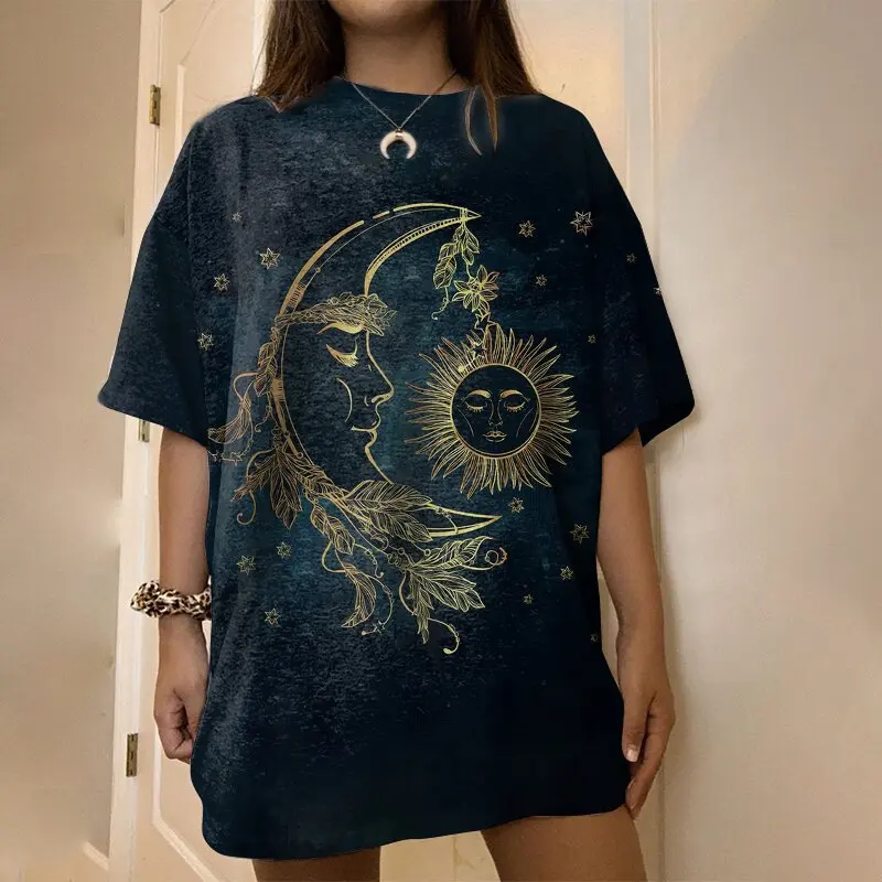 Capricorn Star Sky Print T-shirts Woman Summer Casual Loose Graphic Gothic Letter Short Sleeve O Neck Y2k Harajuku Shirt Tee Top t shirt oversize Tees