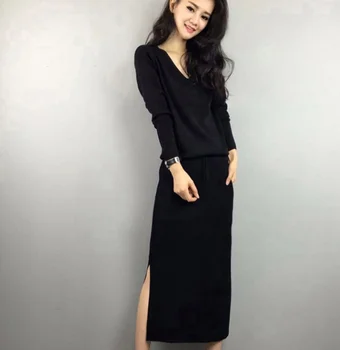 

FJ0128B-2019 Autumn and winter new fashion solid color show thin dress