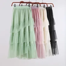 12 зеленая, розовая, бежевая, белая, черная, эластичная, с высоким поясом, миди, с рюшами, асимметричная, сетчатая юбка для женщин, многослойные, женские юбки, saias