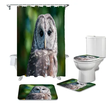 

Animal Grey Owl Shower Curtains Set Bath Mat Set Toilet Cover Waterproof Bathroom Shower Curtain and Rug Sets