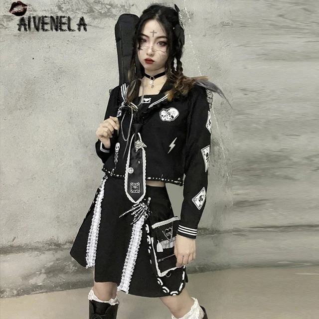 Traje de uniforme marinero JK para niñas, falda con volantes, Calavera,  manga larga, pajarita, Tops, conjunto de ropa Punk, gótico, Harajuku,  AFC1342 - AliExpress