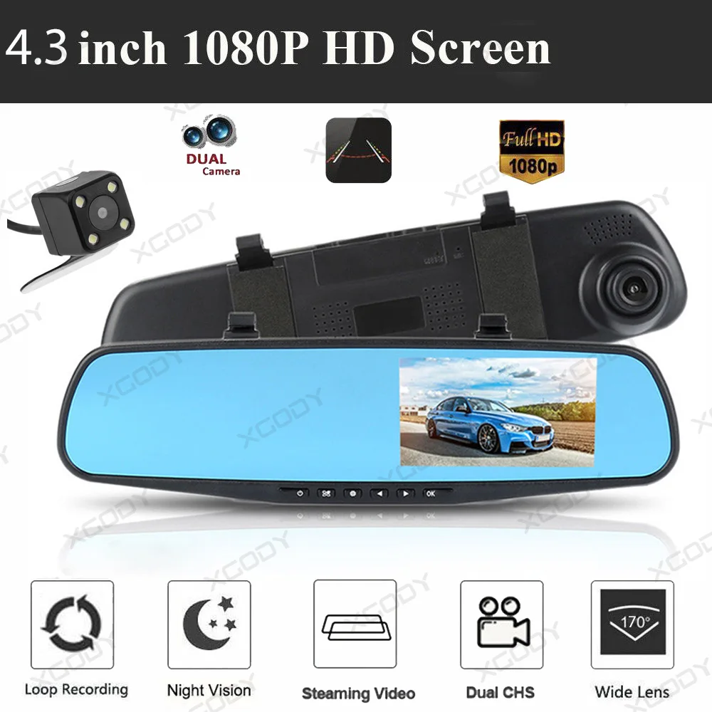XGODY 4,3 ''HD DVR 1080P двойной объектив Автомобильная камера заднего вида видеорегистратор DVR USB SD