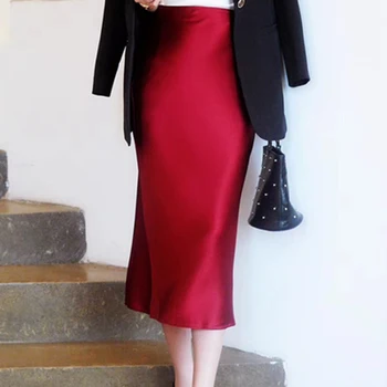 

2020 New Summer Classic Design High Street Style All-match Smooth Slim Skirts Elastic Waist Black/Green/Red Luxury Acetate Skirt