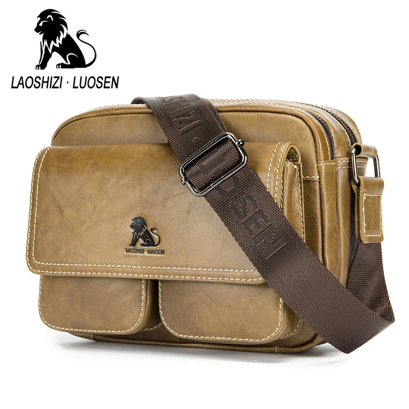 

LAOSHIZI Brand Genuine Leather Men's Messenger Bag Men Cowhide Crossbody Shoulder Bags Casual IPad Cell Phone Travel Pack