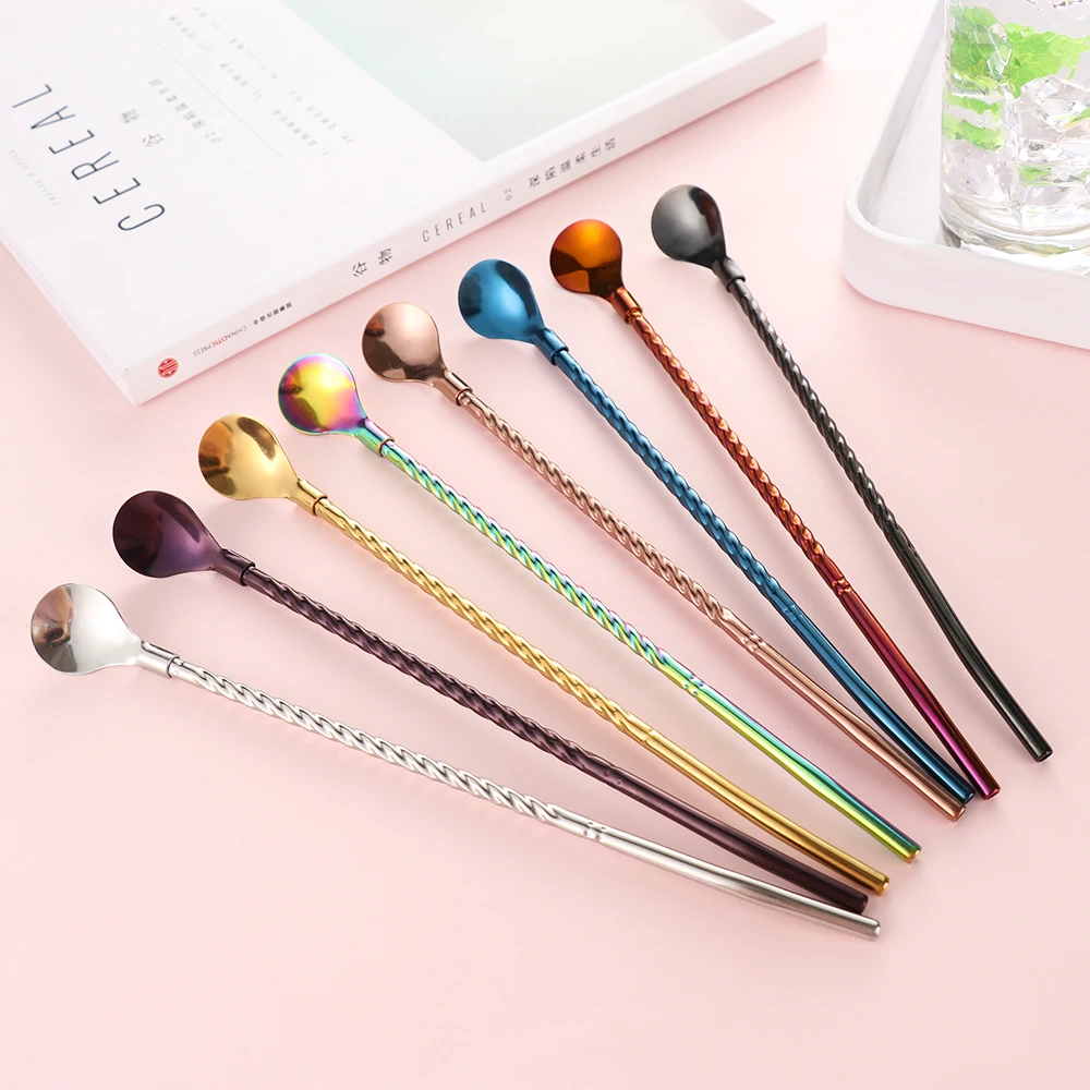 

1PC Long Twisted Straw Spoon Reusable Gold Tea Scoop Portable Colored Stainless Steel Straws Cocktail Coffee Stirring Spoon