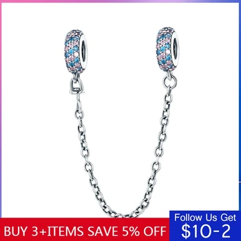 

CodeMonkey Real 100% 925 Sterling Silver Pink and Blue CZ Round Safety Chain Charm Fit Charm Bracelet DIY Jewelry Making CMC379