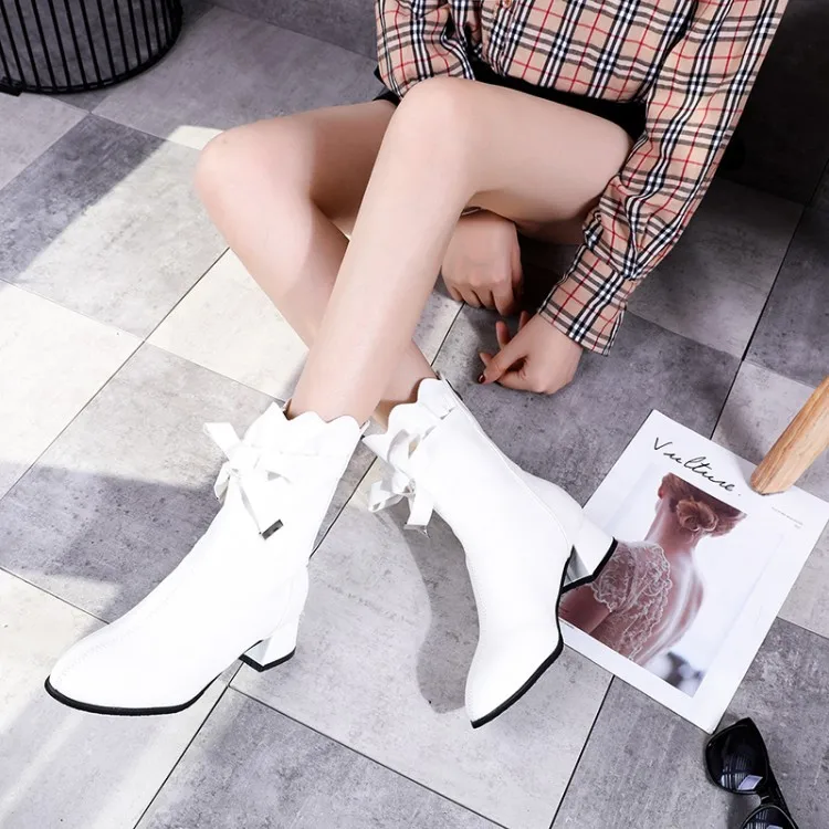 

2019 Winter New Style Chunky-Heel Short Boots after Zipper Pointed-Toe Boots Thin Velvet inside Lace-up Women's Boots