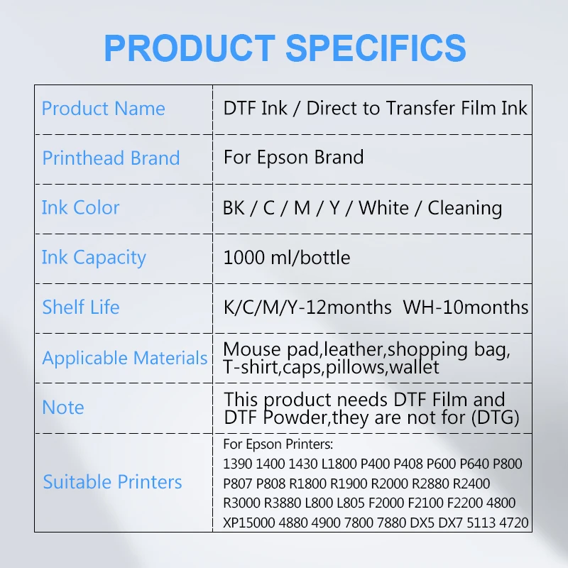 Ocb-direto para Transferir Tinta de Filme Tinta Dtf Adequado para Epson Print Head I3200 Xp600 Tx800 L1800 1390 L805 1000ml - Imagem 4