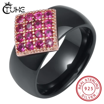 

Big Luxury 585 Rose Gold Square Red Rings for Women Never Fade Healthy 8mm Width Ceramic Rings Wedding Engagement Christmas Gift