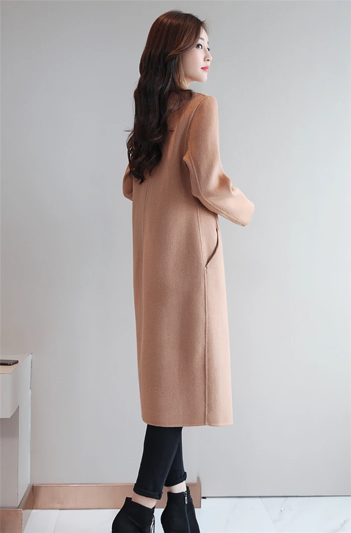 Women Woolen Coat Autumn Winter New Double-breasted Long Sleeve Loose Coats Turn-Down Collar Outwear Plus Size S~3XL