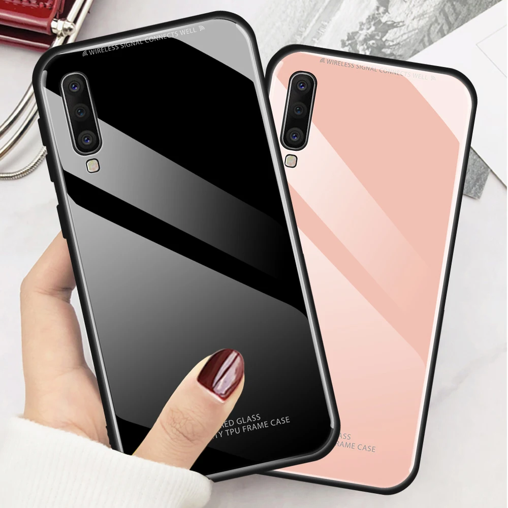 

Solid Color Tempered Glass Case Samsung Galaxy A10 A30 A40 A50 A60 A70 2019 White Pink Glass Cover on A 50 70 A505 Back Coque