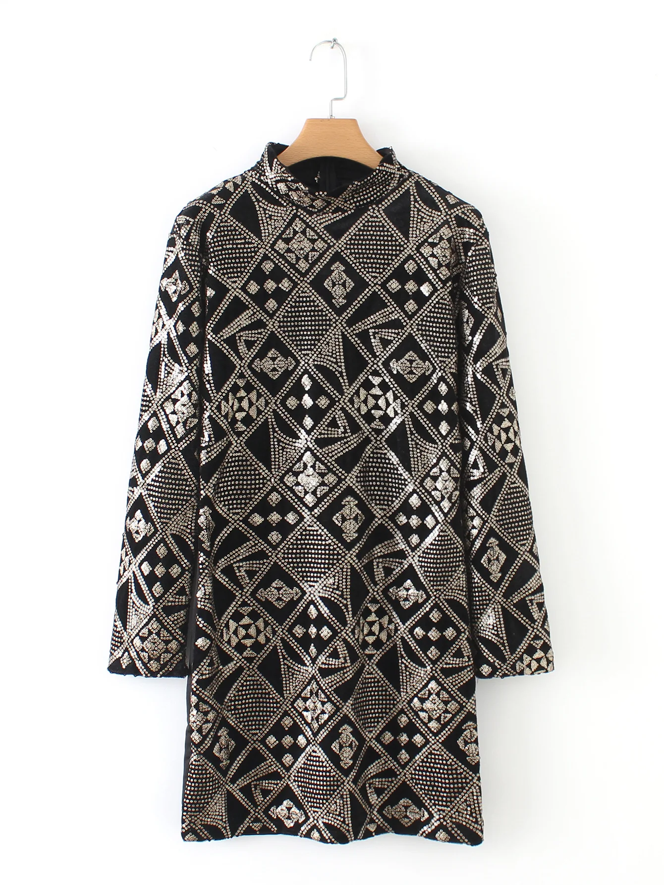 

2018 Autumn Europe And America WOMEN'S Dress National Wind Sequin Stand Collar Long-sleeved Dress 8649