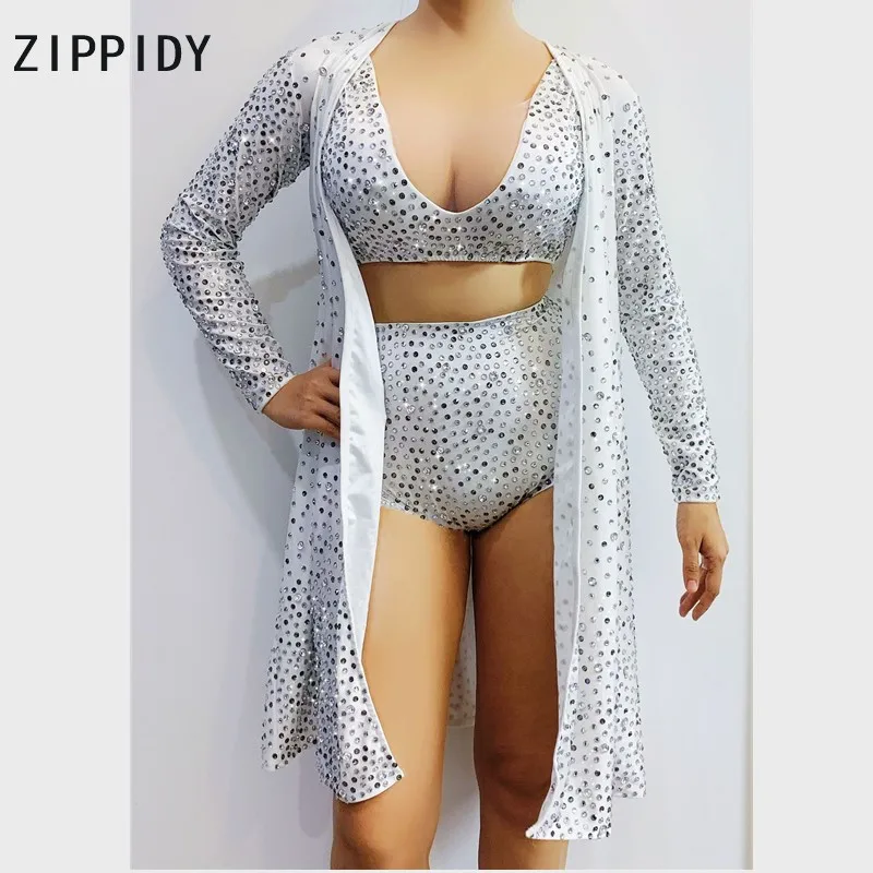 

Silver White Rhinestones Bra Short Jacket Outfit Set DS Bar Dance Show Wear Women Singer Stage Prom Outfit Set
