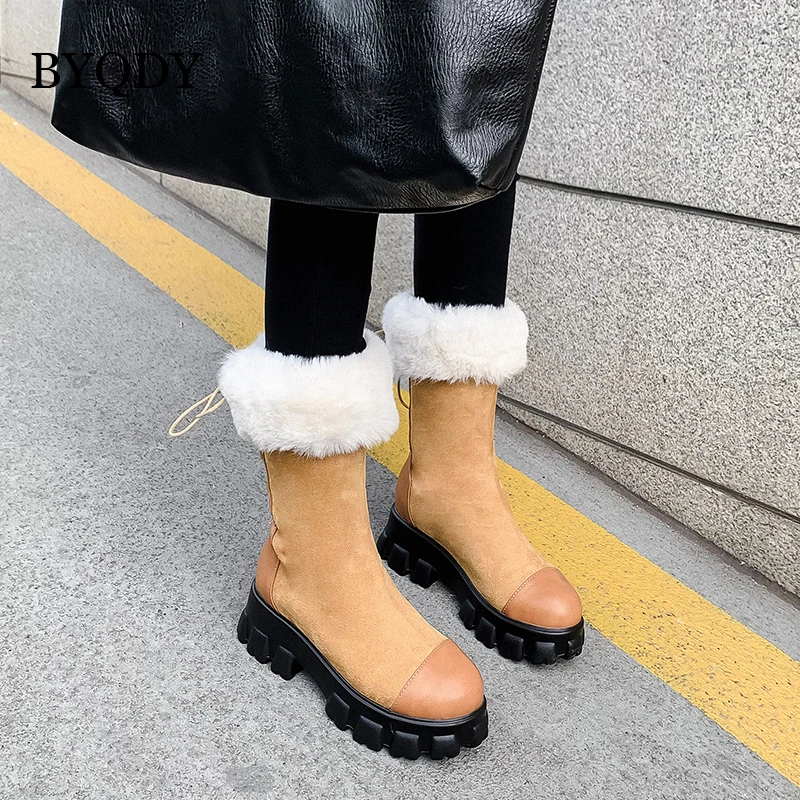 BYQDY New Thick Heels Lace Up Snow Boots Women Retro Mid Boots Winter Warm Comfortable Plush Boots Women Platform Bootie Femme