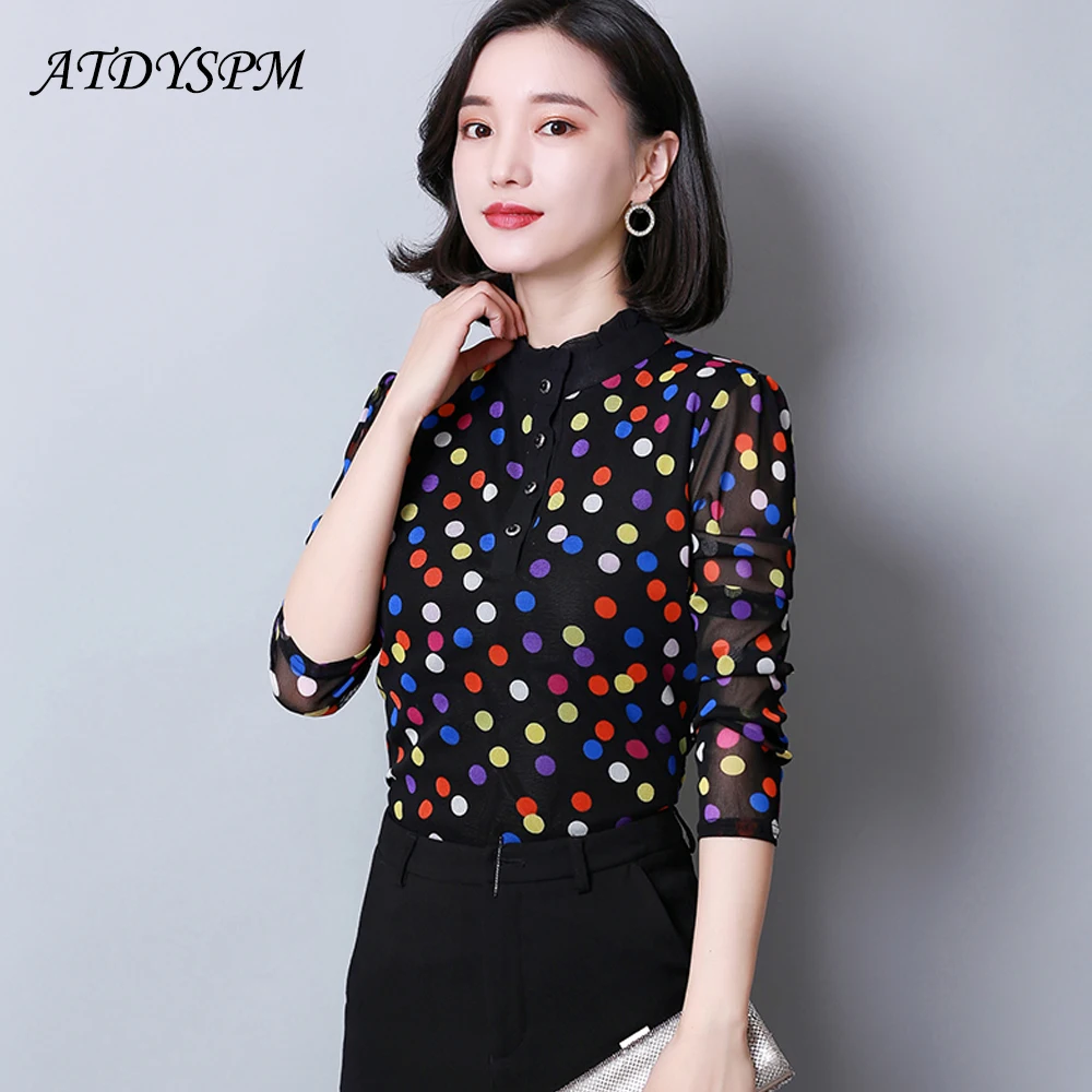 

Women Ruffles Collar Long Sleeve Bottoming Shirts Tops Fashion Mesh Printed Blouse Women's Casual Clothing Plus SIze Tops