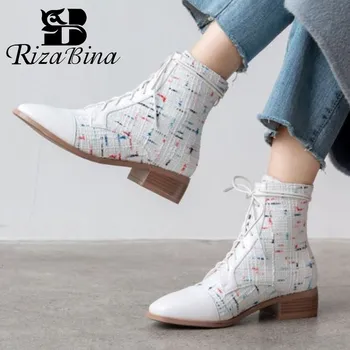

RIZABINA Women High Quality Ankle Boots Low Heels Zipper Cross Strap Winter Shoes Woman Square Toe Botas Size 31-43