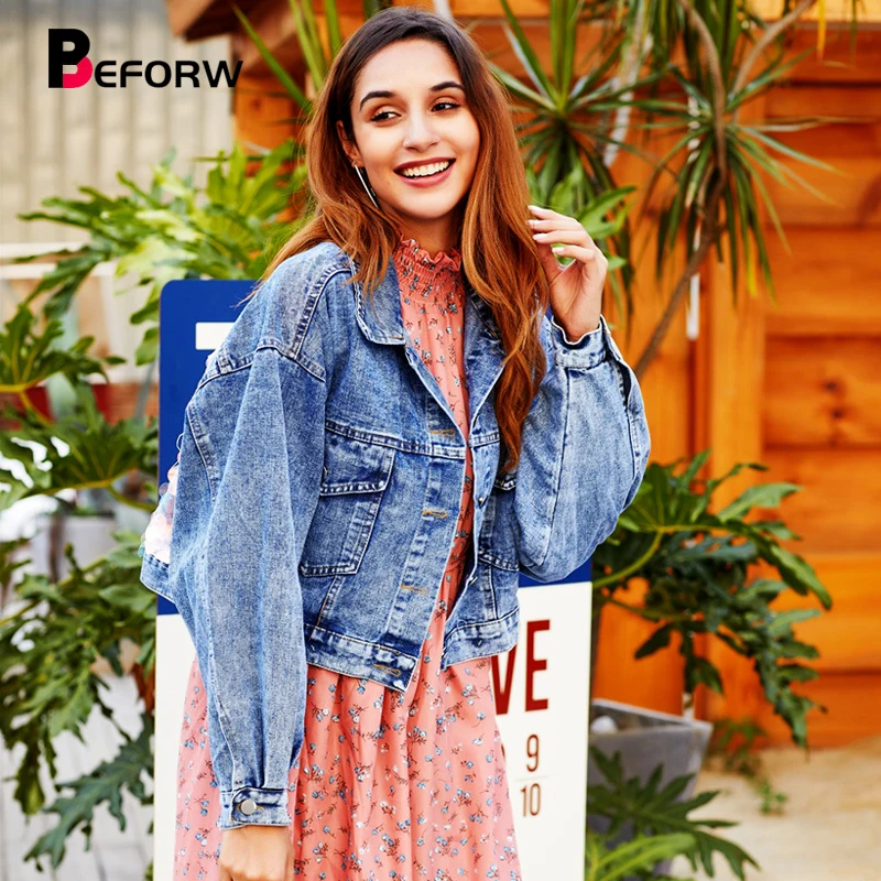 lower price BEFORW 2019 Fashion Winter Women Sequin Button Denim Jacket Coat Casual Fall Long Sleeve Pocket Cro