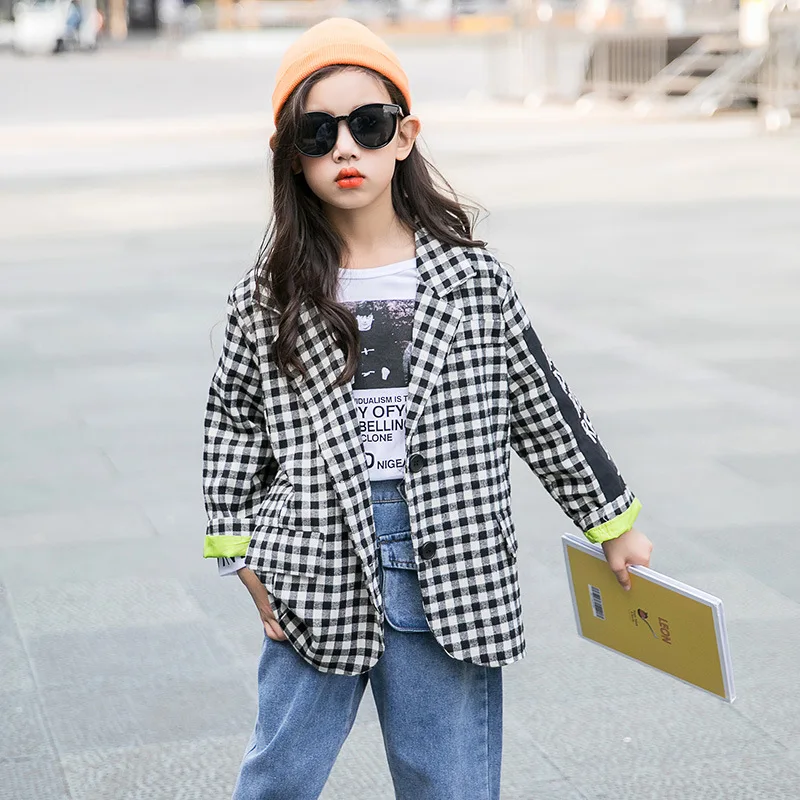 

Girls Jacket for Kids Outfits Autumn Teenager Girls Coat Outerwear Black Plaid Jacket Children Clothes 12 14 Year