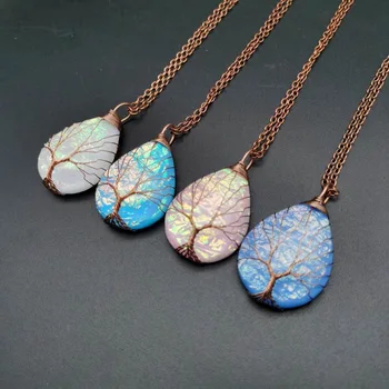 

New Energy Stone Copper Wire Alloy Wrapped Water Drop Tree of Life Chain Pendant Necklaces Jewelry Gift