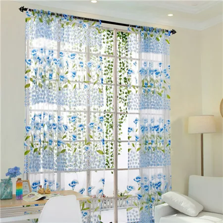 blue Тюль для окна Morning Glory, 200*100 см, прозрачная дверь, драпировка, занавески, цветочный узор, текстиль для девочек, оконный экран, лист# B30 - Цвет: blue