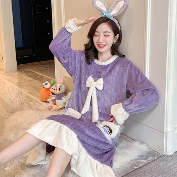 

2020 Coral velvet nightdress female autumn and winter long Korean version sweet lovely flannel pajama female winter cartoon