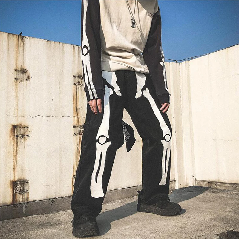 Mens Skeleton Printing Wash Jeans Pants 2021 New Women Men Streetwear Hip Hop Wide Leg Pants High Waist Denim Pants Overalls