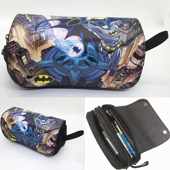 

Hot New Leather Pencilbag Batman Cosmetic Case Anime Design Double Zipper Large Capacity Pen Pencil Holders Bags