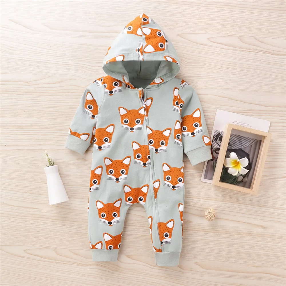 Fox Cartoon Jumpsuits For Kids Newborn Baby Boys Clothing Zipper Hooded Baby Girl Clothes Overalls Long Sleeve Infant Outfits baby clothes cheap Baby Rompers