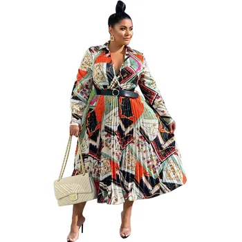 

2020 African Clothing Best Quality New Office Lady Plus Size Women Dress Print Turn-down Collar Full Sleeve Ladies Midi Dress