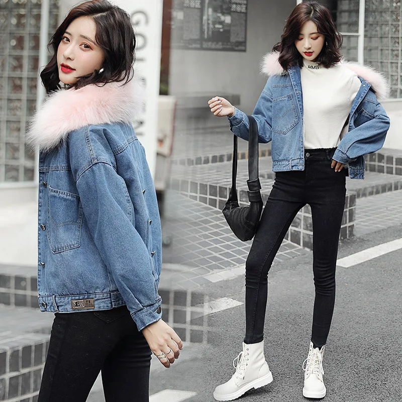 

2019 Winter New Style Korean-style Cowboy plus Velvet Jacket Large Fur Collar Fashion Cotton Coat Women's