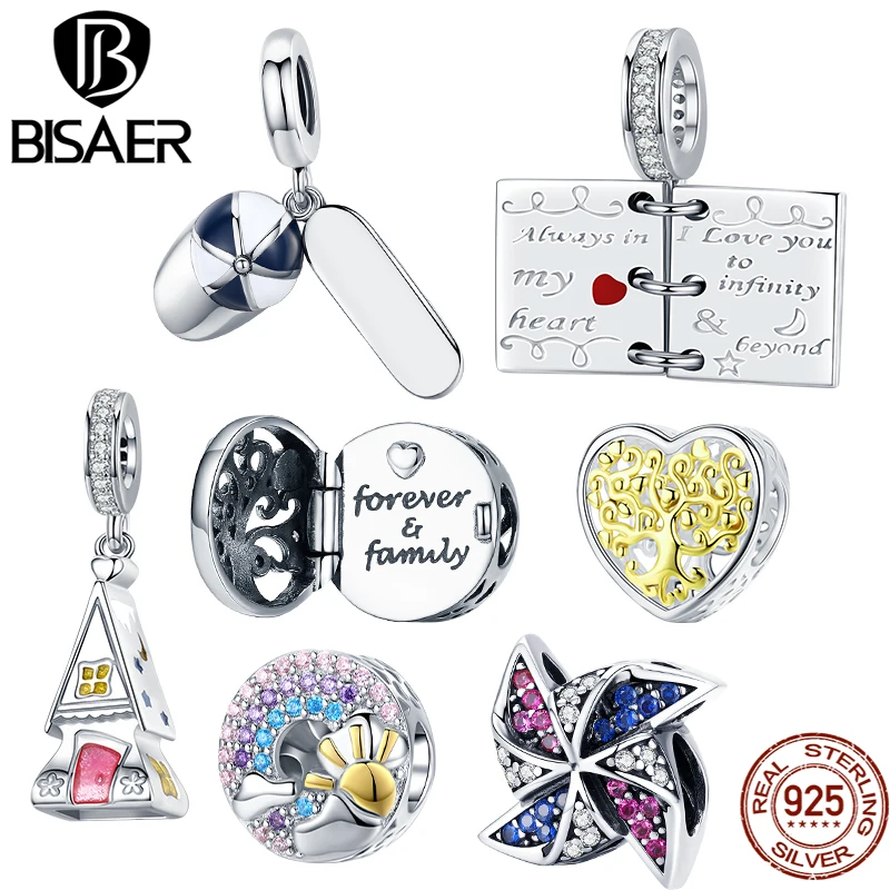 

Bisaer 100% 925 Silver Dream Life Series Warm Home Love Letter Famlily Windmill Rainbow Baseball Cap Charms Beads DIY Jewelry