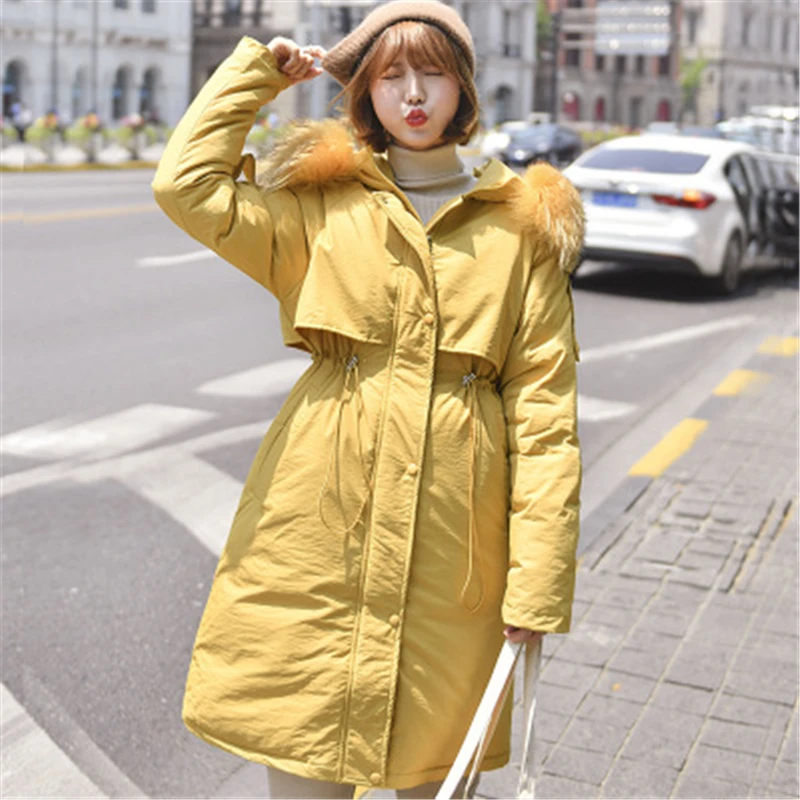 

Long Cotton Coat Women 2019 Winter New waist Cotton Jacket large fur collar Hooded Solid color Thick Loose Outerwear QQ180