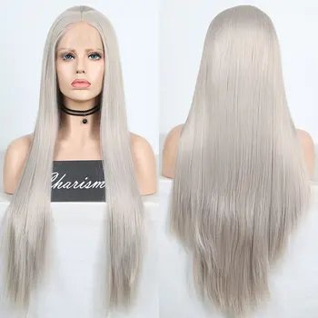 

Bomshell Synthetic Hair 13*3 Lace Front Wig Platinum Silver Grey Straight Heat Resistant Fiber Hair Natural hairline For Women