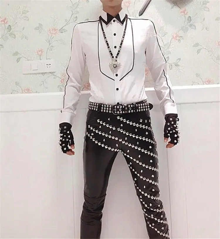 Description Picture 2 of itemIdopy Nightclub DJ Singer Gothic Punk Rock Rivet Faux Leather Pants Hip Hop Stage Costume Mens Studded Motorcycle tTrousers