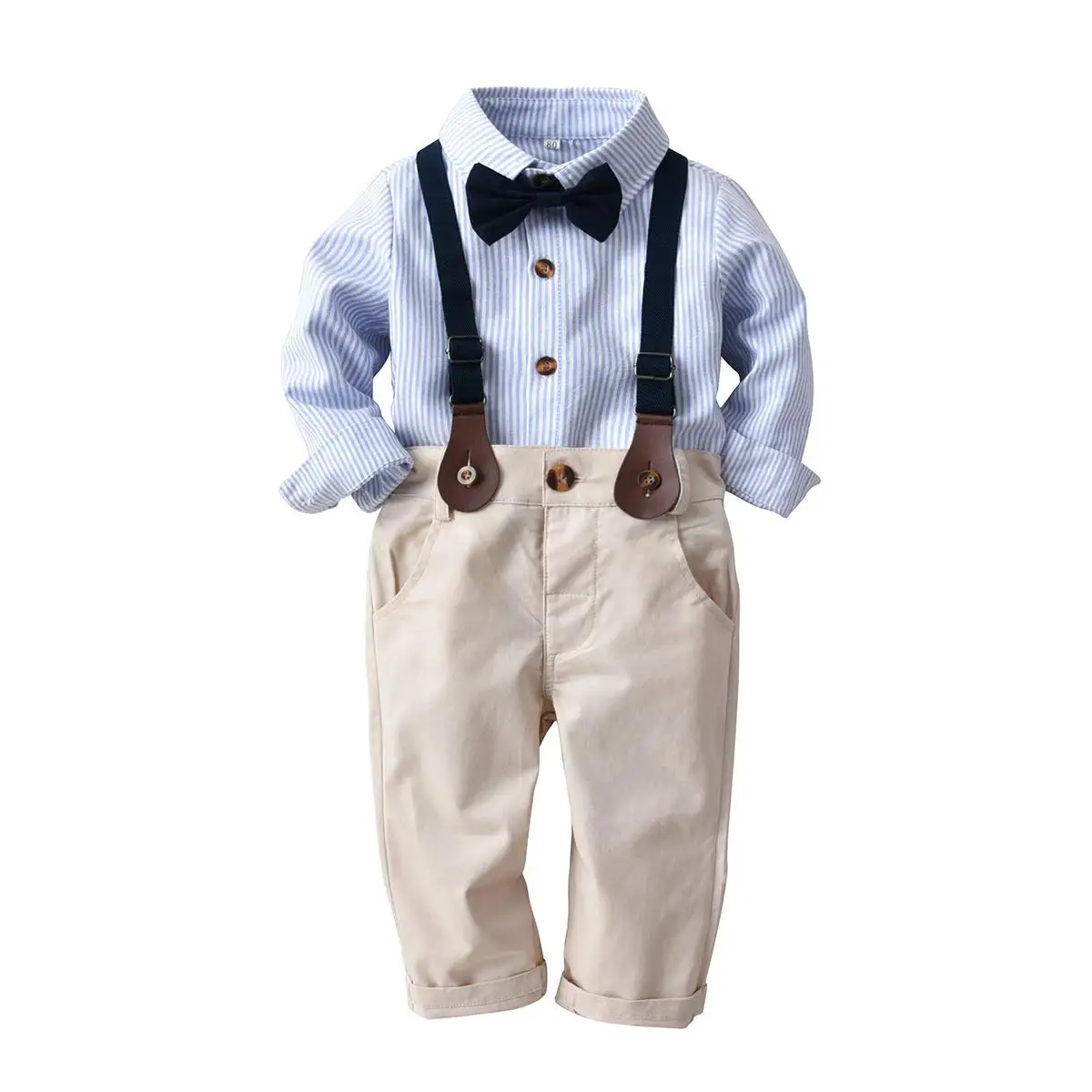 Коллекция года, весенне-осенняя одежда для малышей формальная одежда для маленьких мальчиков рубашка в полоску с длинными рукавами+ комбинезон, штаны осенний комплект из 2 предметов