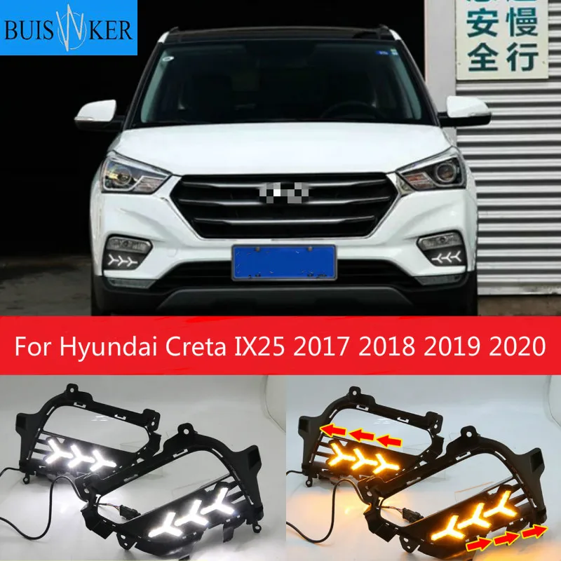 

Дневные ходовые светодиодные огни, 2 шт., DRL, противотуманные фары с желтым указателем поворота для Hyundai Creta IX25 2017 2018 2019 2020